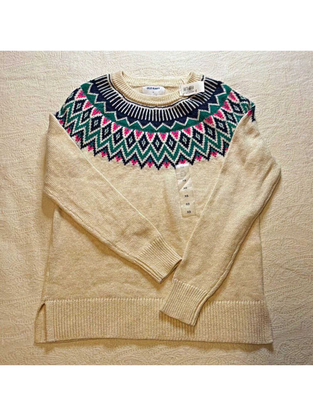 Old Navy Women's XS Ivory Fair Isle Crew Neck Raglan Sleeve Knit Pullover